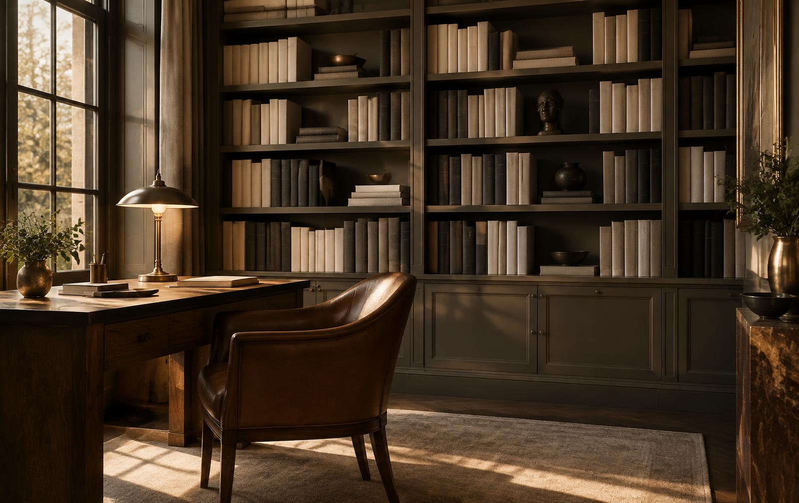 A quiet private study with shelves of linen-bound volumes and warm lamplight